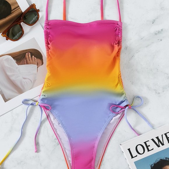 New Ombre Drawstring Side One Piece Swimsuit Rainbow - Picture 4 of 6
